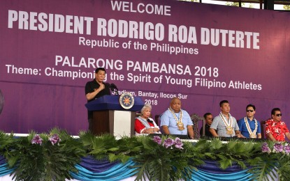 <p>DUTERTE OPENS PALARO 2018. President Rodrigo R. Duterte formally opens Palarong Pambansa 2018 at the Quirino Stadium in Vigan City, Ilocos Sur on Sunday (April 15, 2018). <em>(PNA photo by Jess Escaros Jr.)</em></p>